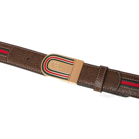 NEW GUCCI Men's Brown Leather WEB Stripe Gold GG Logo Buckle Belt Size 115 - Picture 11 of 12